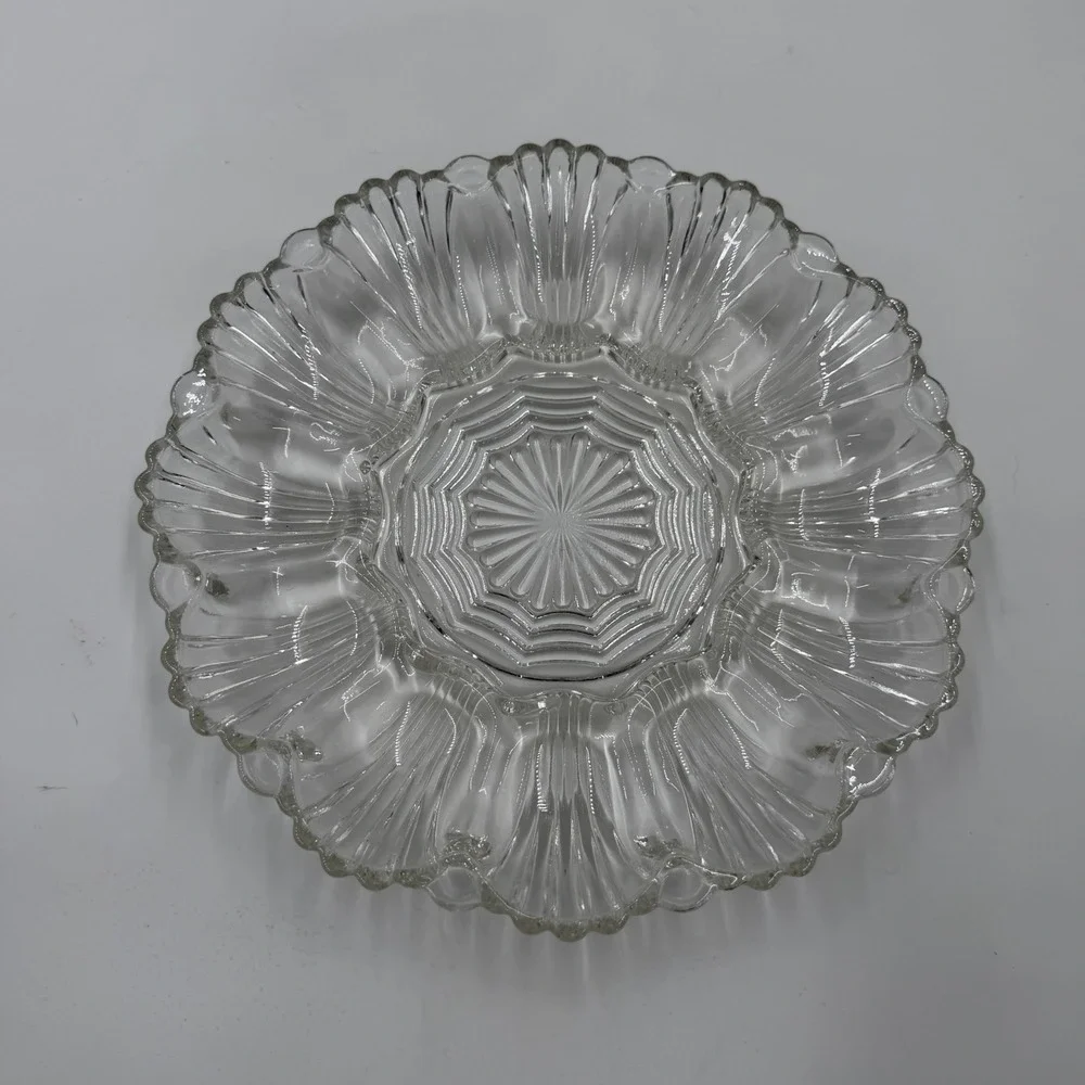 Vintage Clear Pressed Glass Deviled Egg Platter 12 Slot Scalloped Sunburst Tray